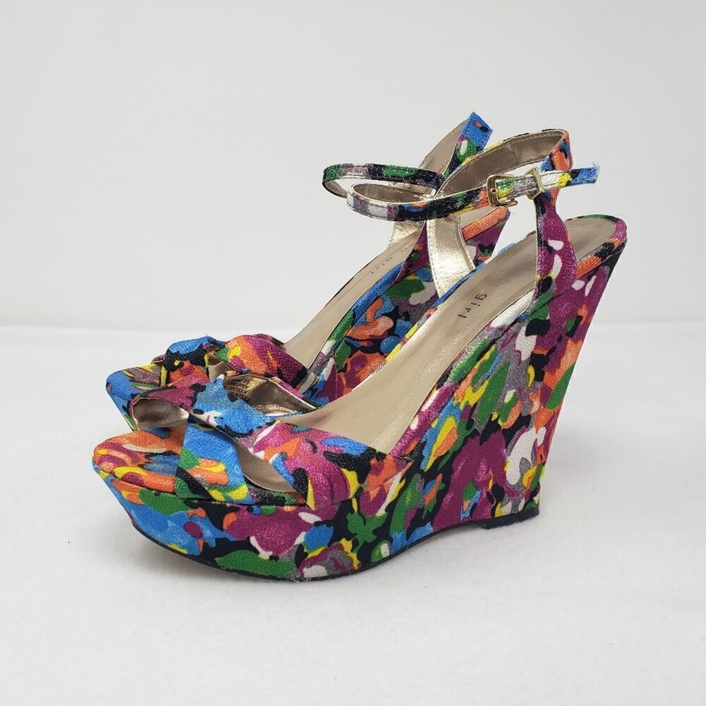 Madden Girl Evonne Mary Jane Watercolor Floral Sandal Wedge Heels 8.5